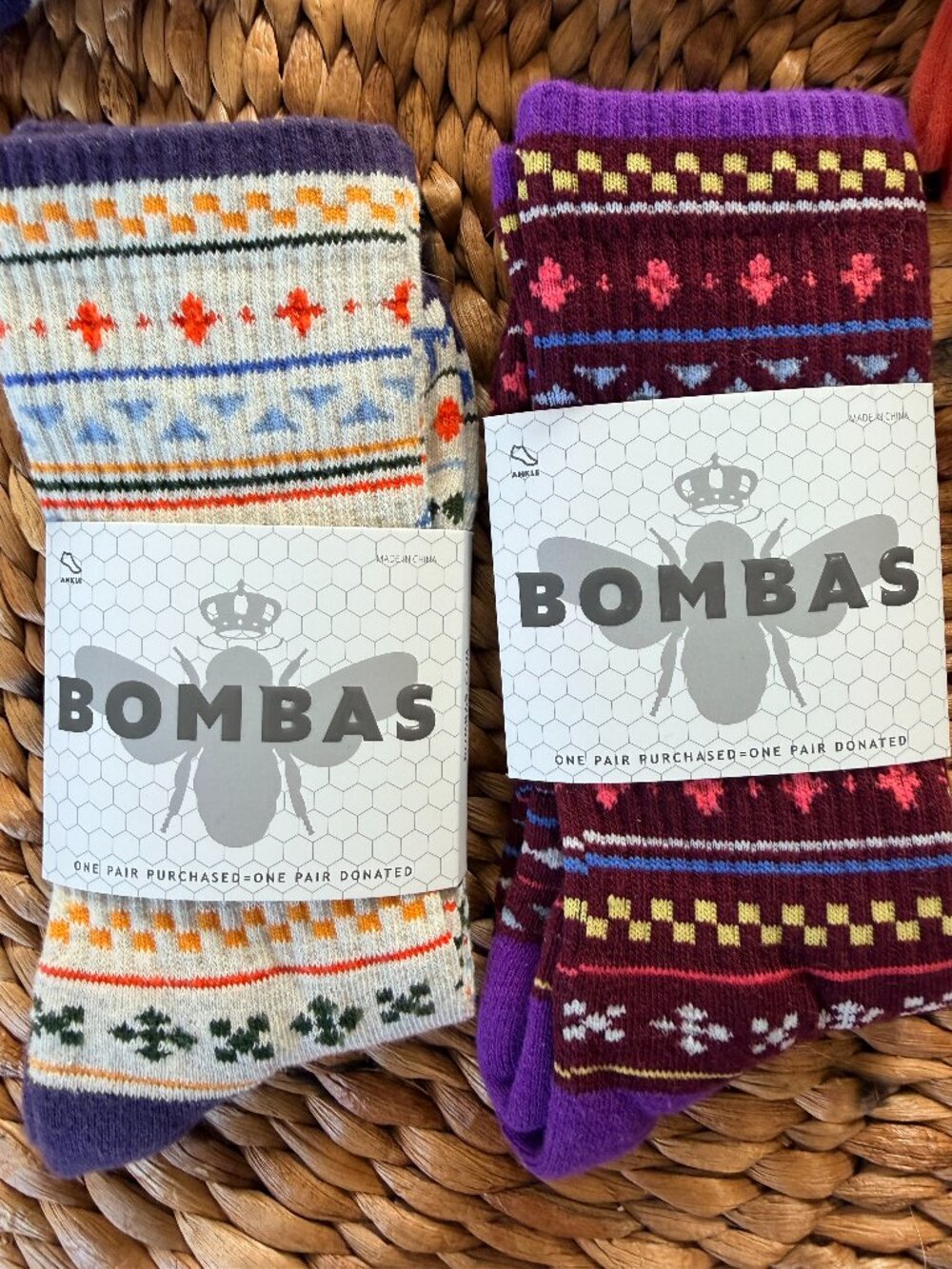 Bombas Retro Fair Isle Crew Sock Blue Pink Cream Med (Runs Small / See Meas